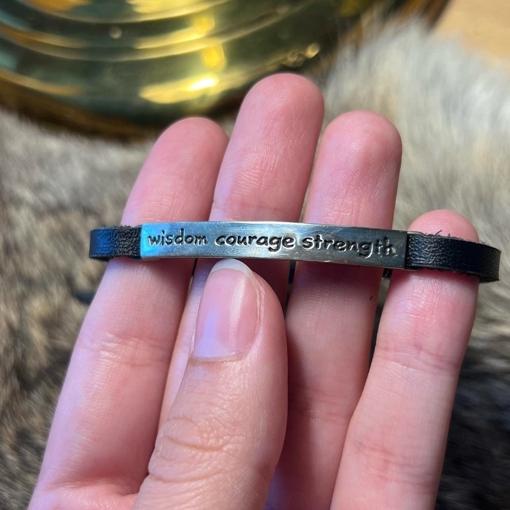 Vintage sterling silver Far Fetched “Wisdom, Courage, Strength” leather bracelet